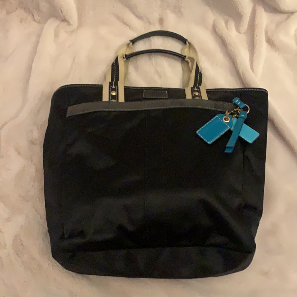 Coach Black Satin Canvas Tote with leather accents